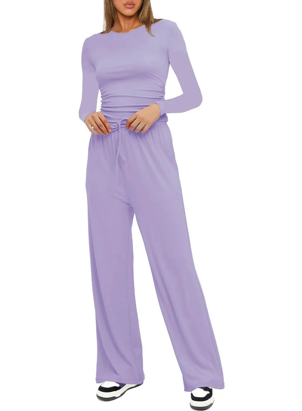 Long Sleeve Top High Waist Wide Leg Pants Suit - Light Purple