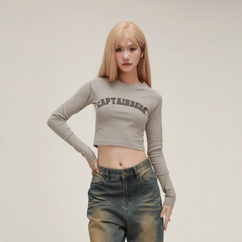 American Retro Design Round Neck Short Sleeve Top Navel Short Summer T-shirt Female Fashion - Earth Color Long Sleeve-L
