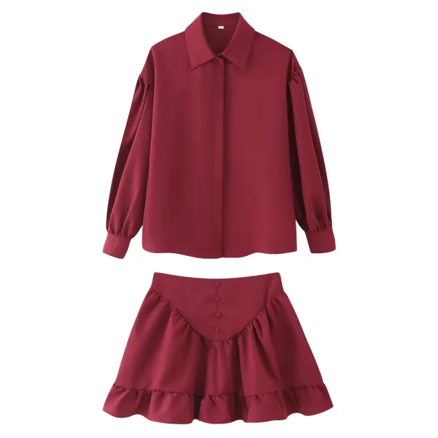 Elegant Lapel Style Button Up Shirt With Ruffle Hem And Matching Skirt Set Wine - Shop at LoveMi