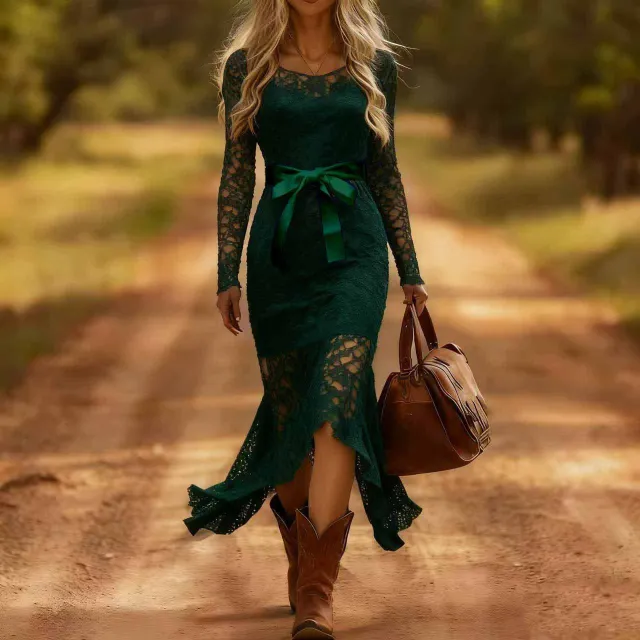 Elegant Western Style Fishtail Skirt Long Sleeve Lace Dress Dark Green - Shop at LoveMi