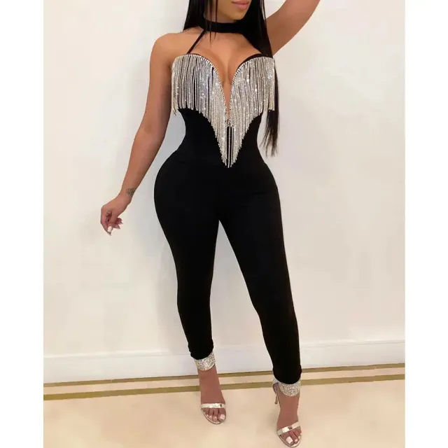 Backless Nightclub Crystal Gorgeous Jumpsuit Black - Shop at LoveMi