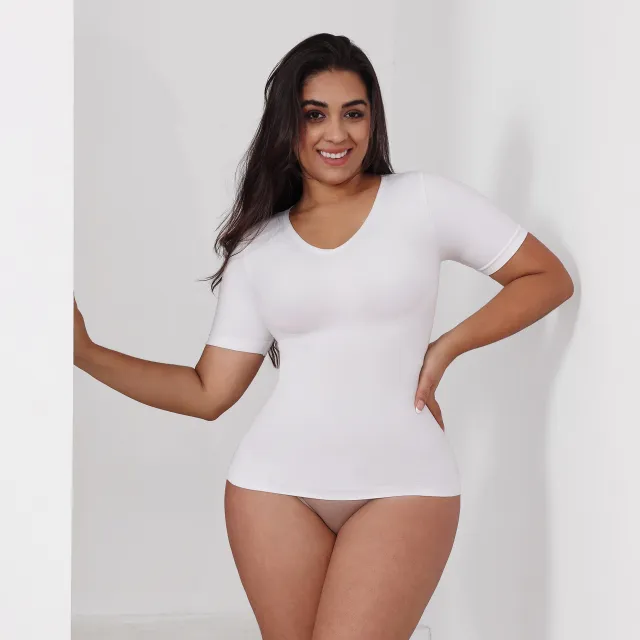Corset Top Tight Belly Trimming Short Sleeve Women's Outer Wear V neck Corset Waist White - Shop at LoveMi