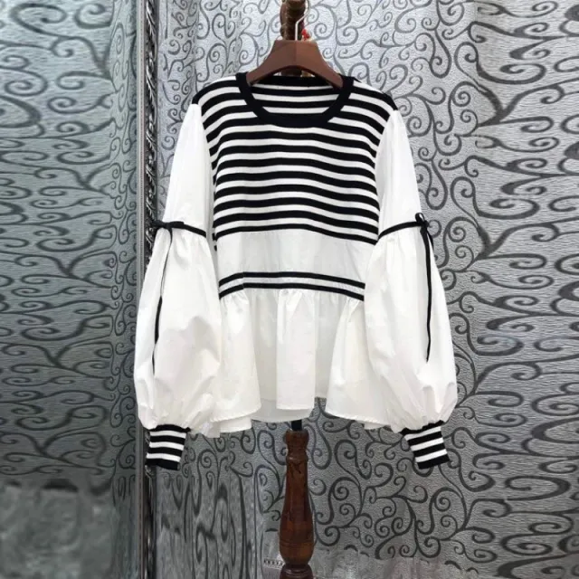 Striped Top Drawstring Long Sleeve Inner Wear Loose Shirt Stripes L - Shop at LoveMi