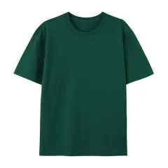 Cotton Round Neck T-shirt Heavy Loose Short Sleeve - Dark Green - View 1