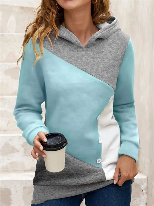 Casual Loose Hooded Color Contrast Women's Sweater Fleece Shirt Blue - Shop at LoveMi