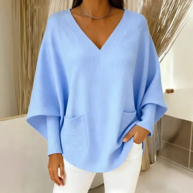 Relaxed Laid back Soft And Cozy Womens Casual Solid color V neck Sweater Blue - Shop at LoveMi