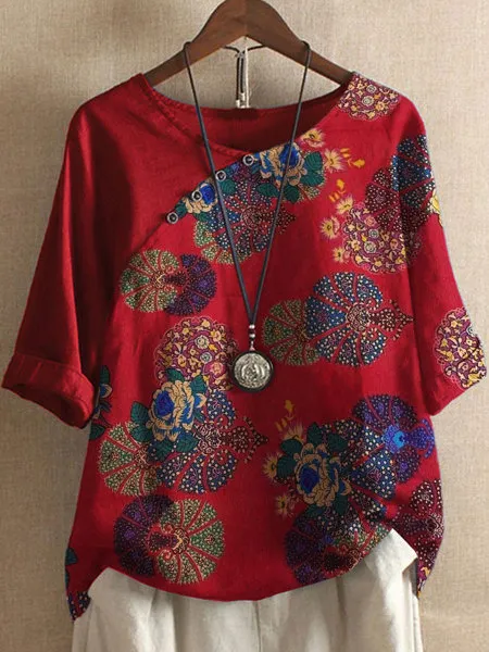 Women's O neck Short Sleeve Floral Print T shirt Red - Shop at LoveMi