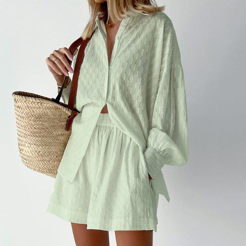 Women's European And American Shirt Jacquard Puff Sleeve Elegant Top Shorts Commuter Design Casual Suit Green - Shop at LoveMi