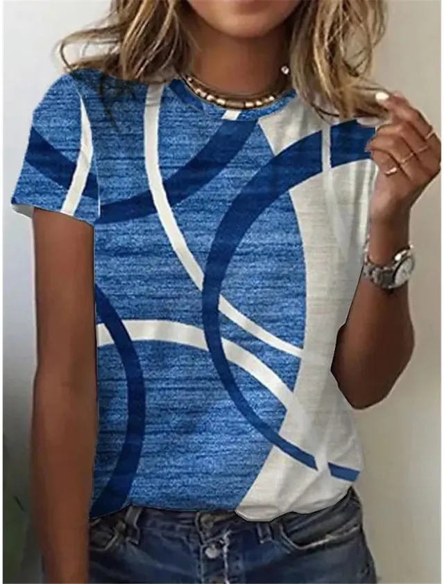 Geometric Retro Printed Round Neck Short Sleeve T shirt Women's Top Tm2532Color L - Shop at LoveMi