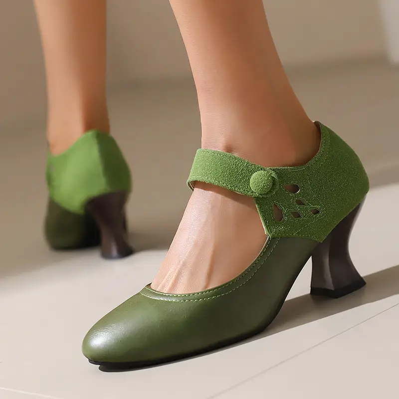 Buckle Spring And Autumn Women's Shoes Round Head Chunky Heel Shoes