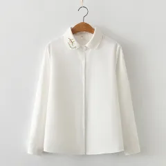 Collar Embroidered Leaves Solid Colour Cotton Long-sleeved Shirt For Women French Shirt - White - View 1