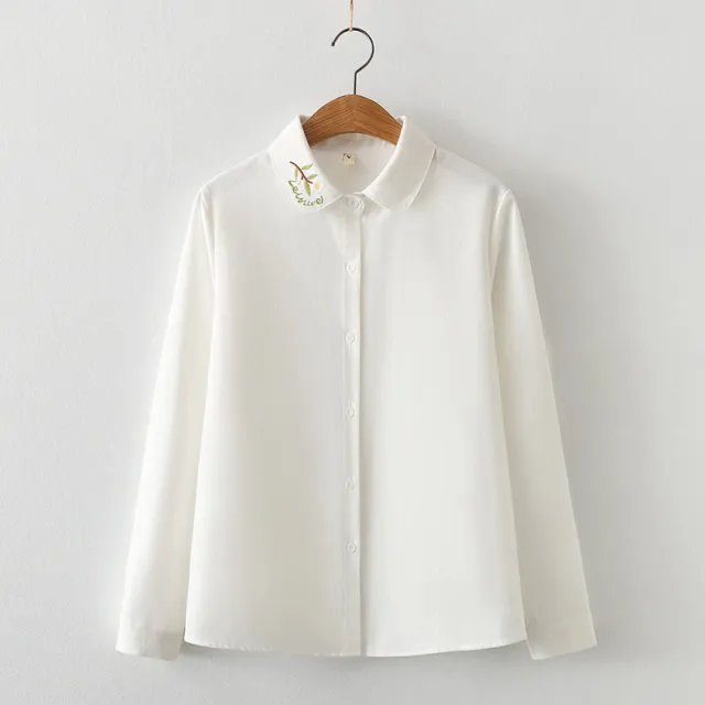 Collar Embroidered Leaves Solid Color Cotton Long sleeved Shirt For Women French Shirt White - Shop at LoveMi