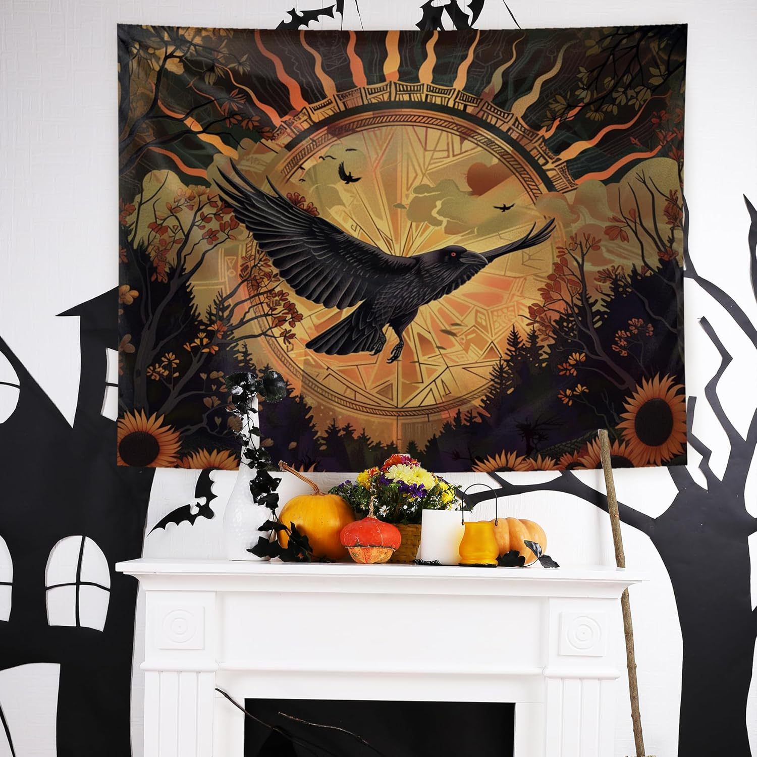 Halloween Black Raven Sunrise Sunflower Tapestry — foto 2