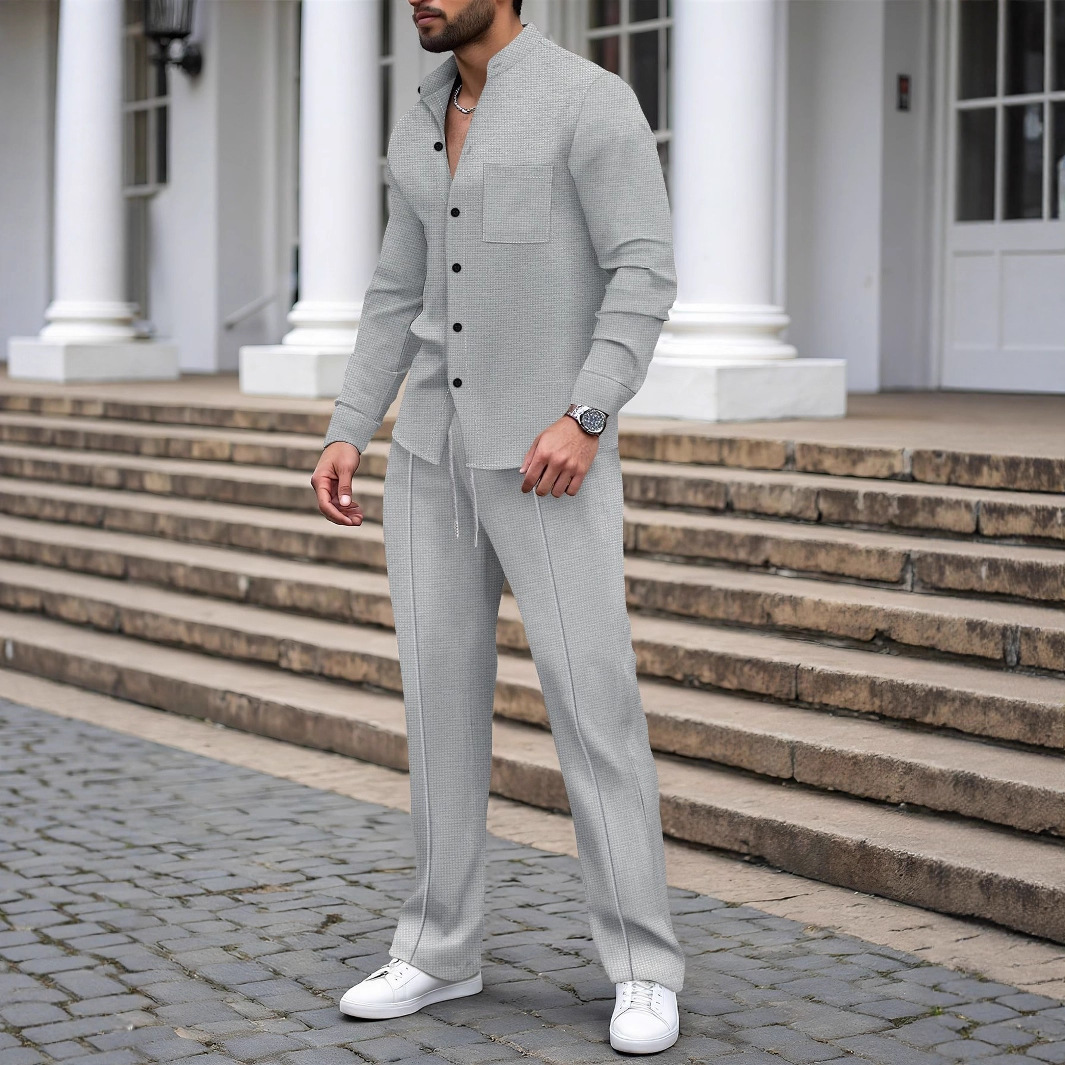 Waffle-textured Solid-color Stand-collar Shirt And Long-sleeve Pants Casual Set