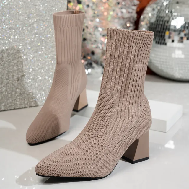 Chunky Heel Pointed Toe Stretch Socks Single Layer Boots Khaki - Shop at LoveMi