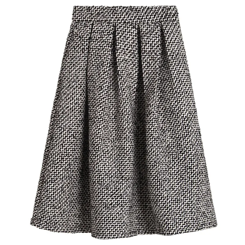 Autumn And Winter High Waist Pleated Words Puffy Thick Midi Skirt - Woolen Houndstooth-L