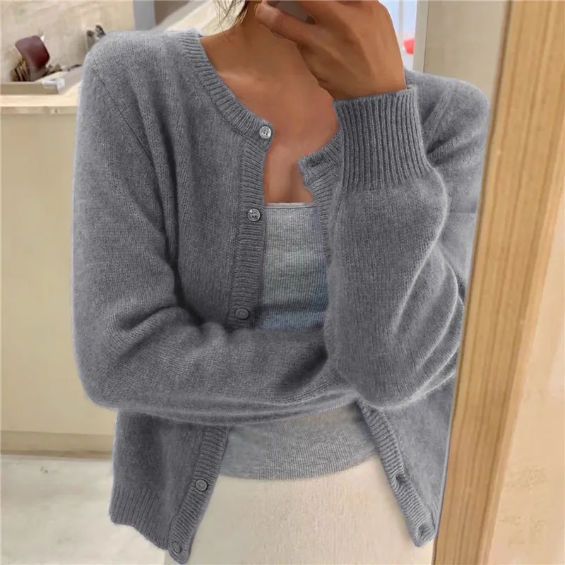 Women's Round Neck Solid Colour Knitted Cardigan - Grey