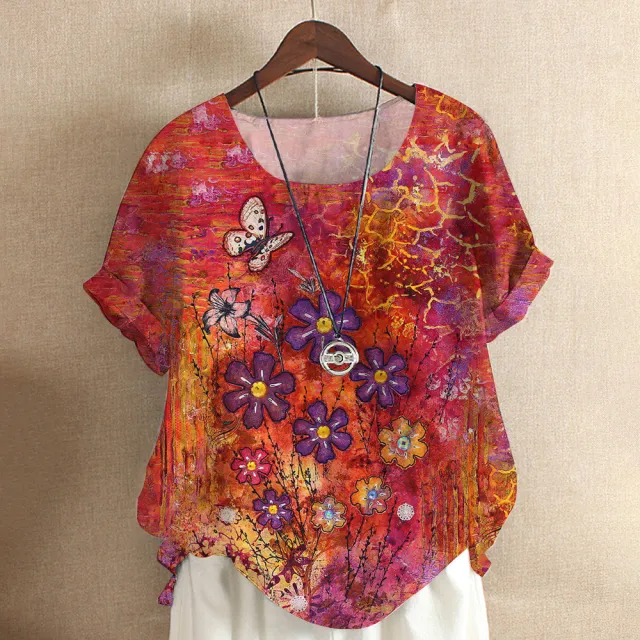 Short sleeved T shirt Flower And Plant Painting Printed Women's Loose Top J28Tr1Gd23201Cy - Shop at LoveMi