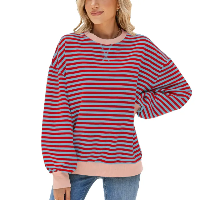 Women's Stripes Round Neck Contrast Color Loose Long Sleeve Sweatershirt Red - Shop at LoveMi