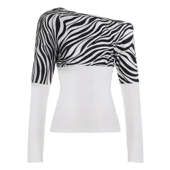 Asymmetrical Slant-Shoulder Long-Sleeve Casual Top Fashion Outfit Women's Clothing - White - View 1