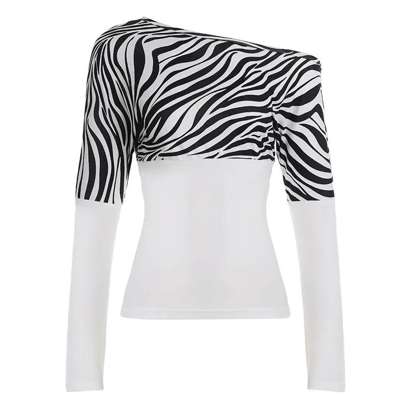Asymmetrical Slant-Shoulder Long-Sleeve Casual Top Fashion Outfit Women's Clothing - White