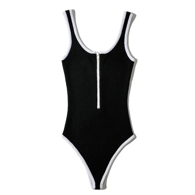 Slim Fit Half open Collar Contrast Color Front Zipper Vest Jumpsuit Women Black - Shop at LoveMi