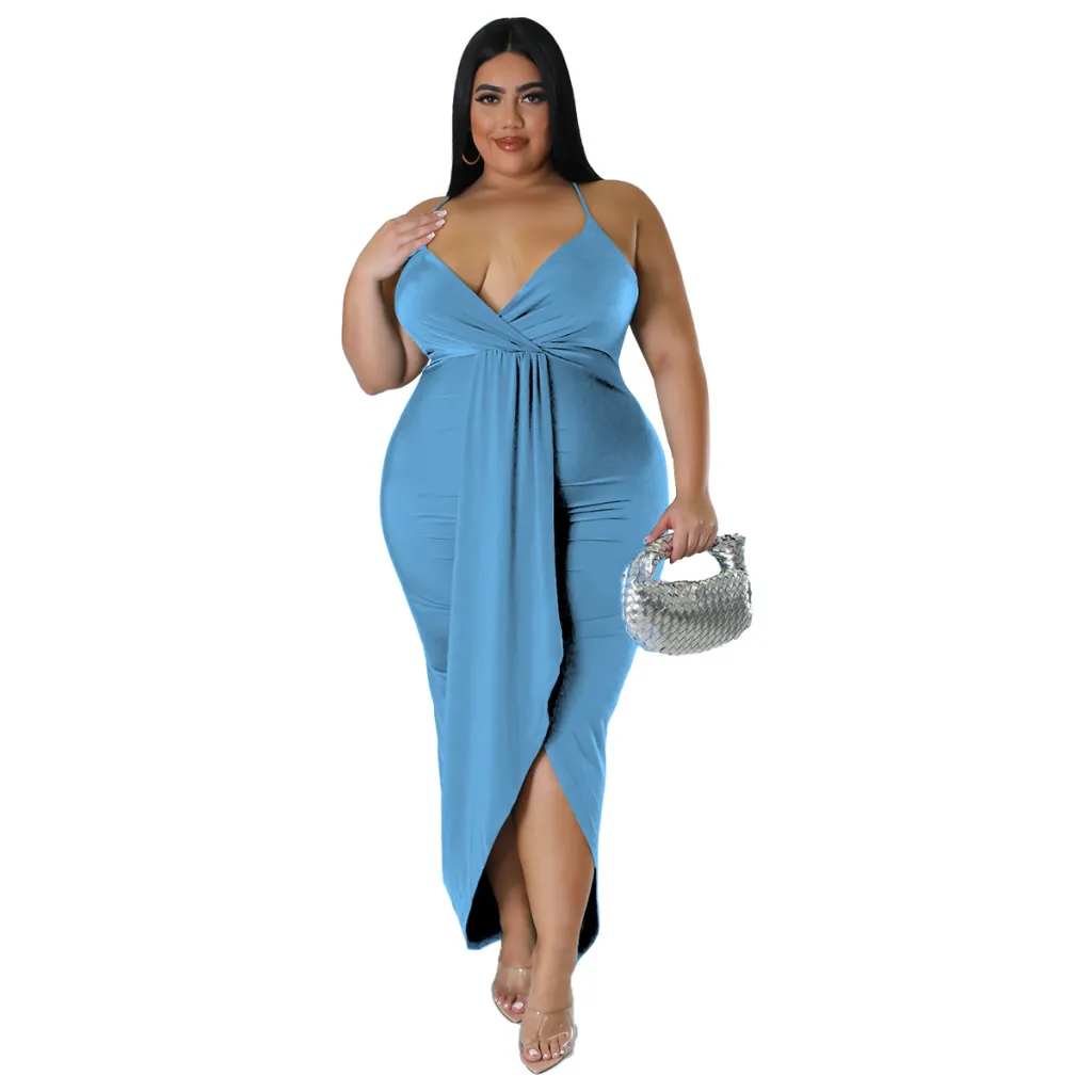 Adjustable-strap Sleeveless V-neck Stretch Dress - Light Blue