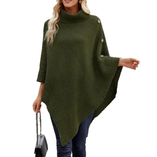 Turtleneck Irregular Loose Casual Button Cape Style Plus Size Women's Sweater Army Green - Shop at LoveMi