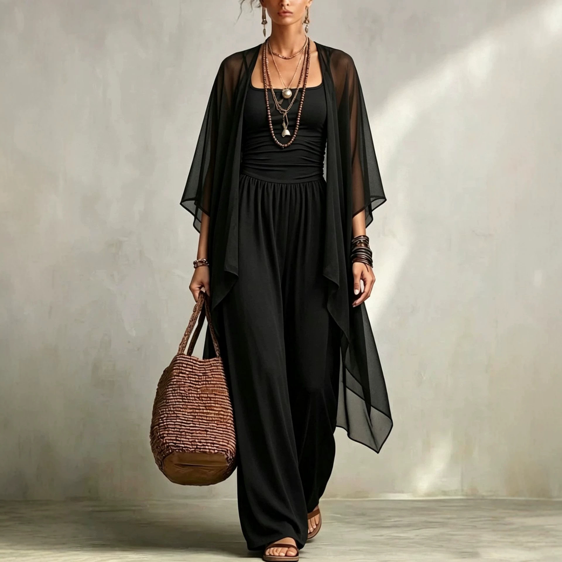 Women's Casual Jumpsuit With Straps And Shawl 2-piece Set