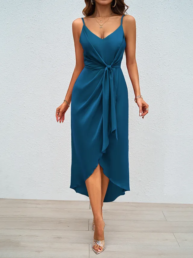 Women's Versatile Solid Color Strappy Dress Blue - Shop at LoveMi