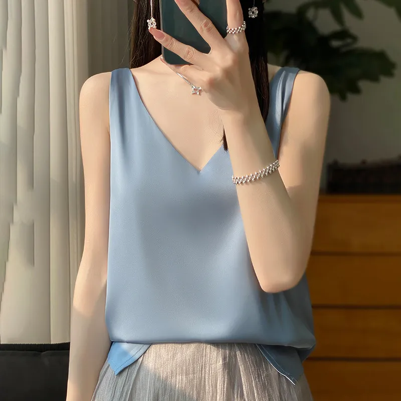 Sling Vest Inner Match Satin Silky Base Loose Sleeveless Top - Bean Blue
