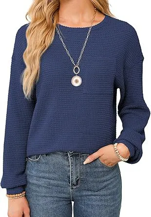 Women's Waffle Knit Top Long Sleeve Crew Neck Casual Navy Blue - Shop at LoveMi