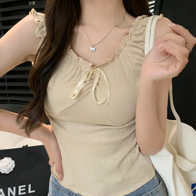 Camisole Wooden Ear Bow Flounce Trim Lace Up Vest For Women Apricot - Shop at LoveMi