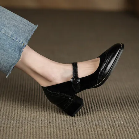 Square Toe Chunky Heel Vintage Engraving Mary Jane Shoes Women Black - Shop at LoveMi