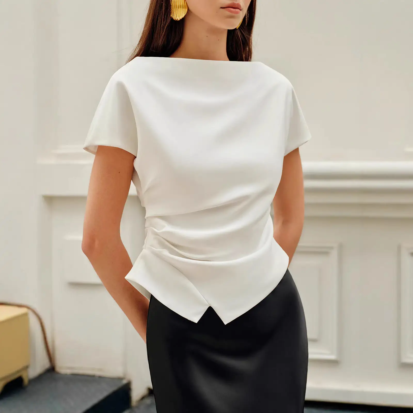 Women's Elegant Pleated Simple Solid-Color T-Shirt