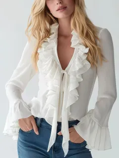 French-Elegant Solid-Color V-Neck Ruffle Blouse With Puff Sleeves - White - View 1