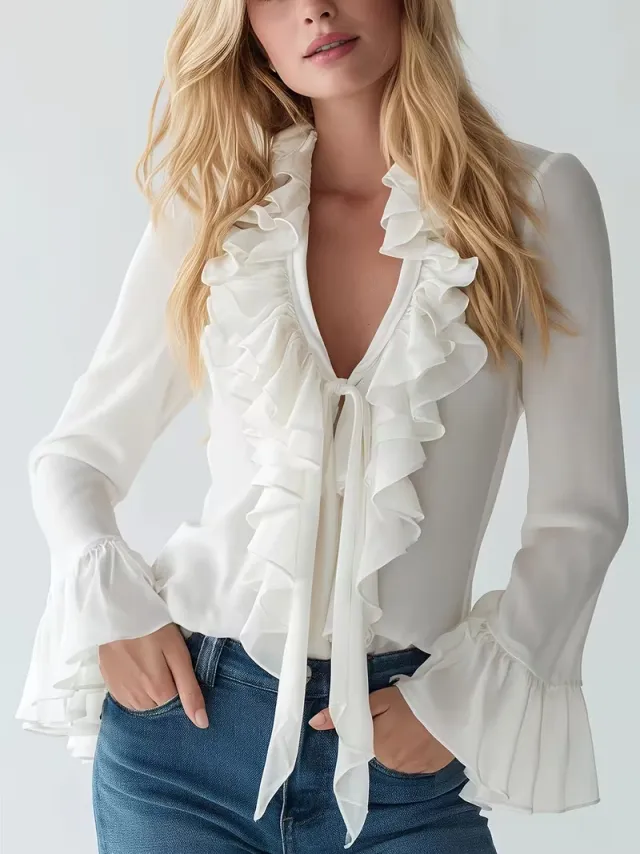 French Elegant Solid Color V Neck Ruffle Blouse With Puff Sleeves White - Shop at LoveMi