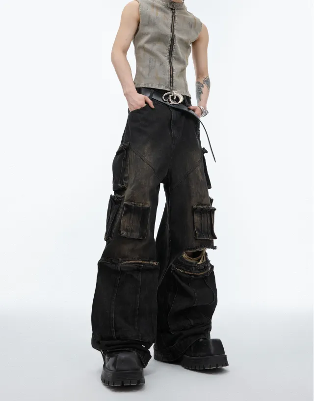 Distressed Multi pocket Design Jeans Hand painted Craft Black - Shop at LoveMi