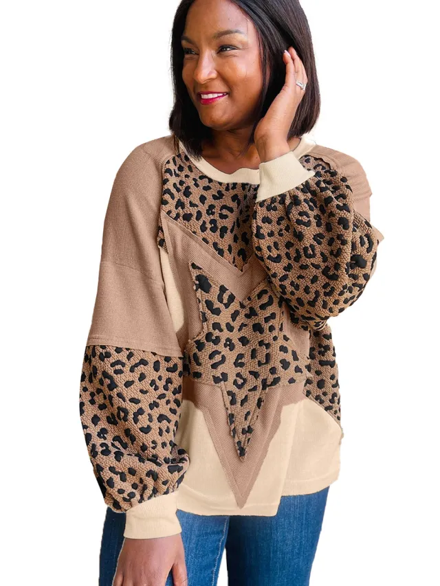 Women's Designer Leopard Print Long Sleeve Shirt With Shoulder Straps Brown - Shop at LoveMi