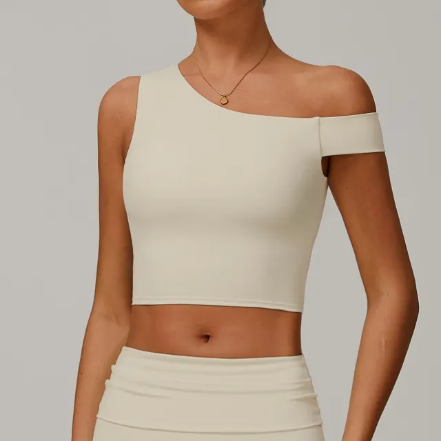 Yoga Vest Women's Irregular Shoulder Sports Workout Underwear Cream - Shop at LoveMi