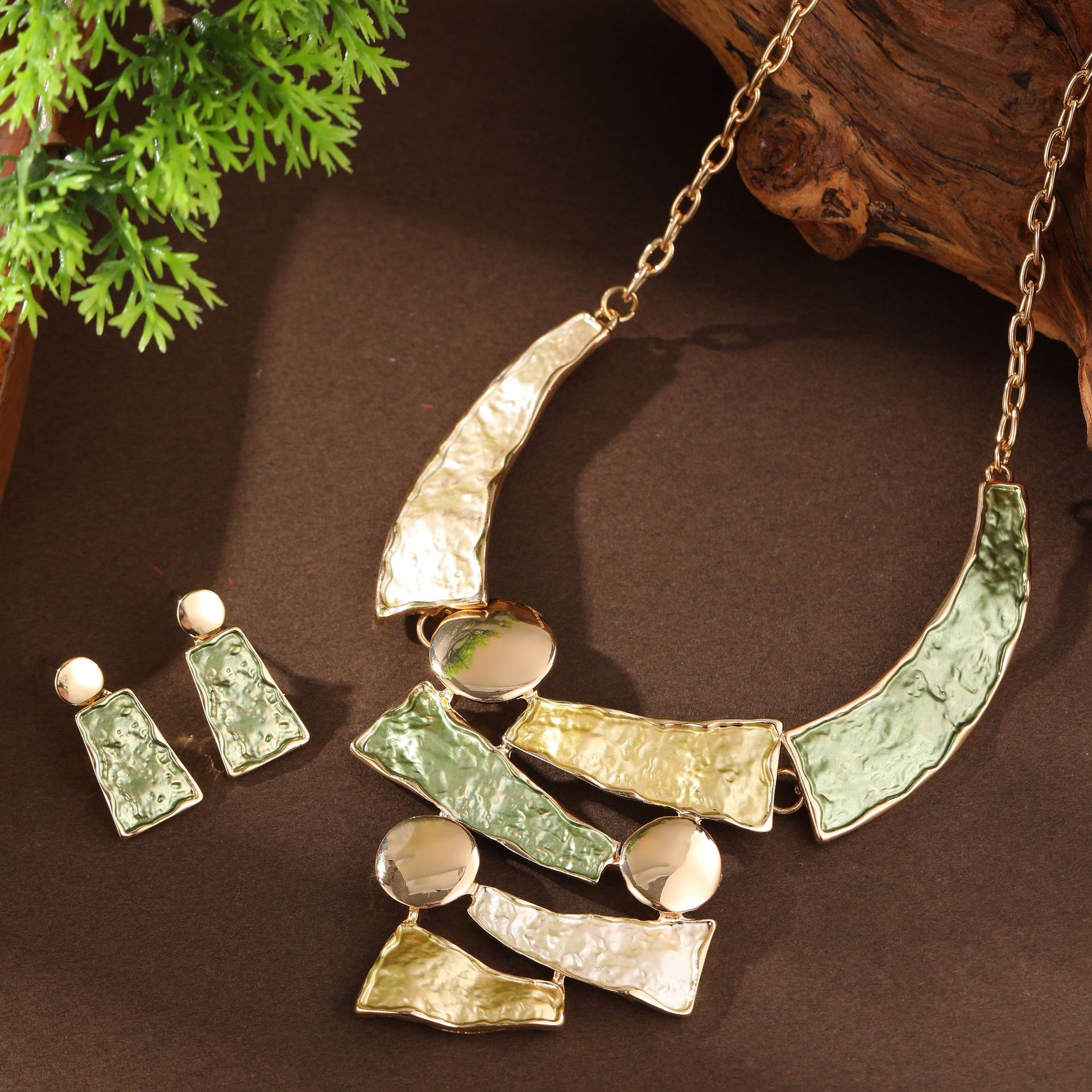 Color Painting Oil Hollow Geometry Lines Earrings And Necklace Set - Jewelry & Watches