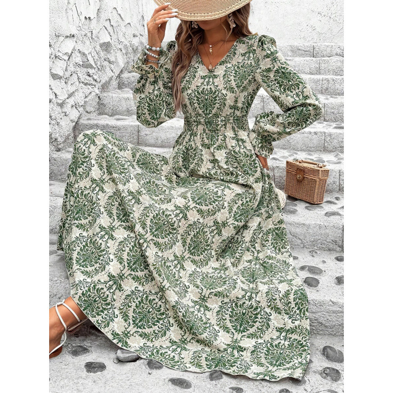 European And American Fall Women's Clothing Printed V-neck Long Sleeve Big Hem Fashion All-matching Dress