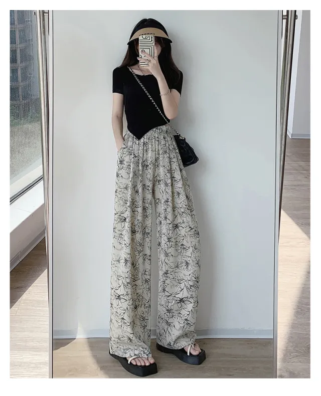 Women's Chinese style Ink Painting Wide leg Pants Ink White Camellia - Shop at LoveMi