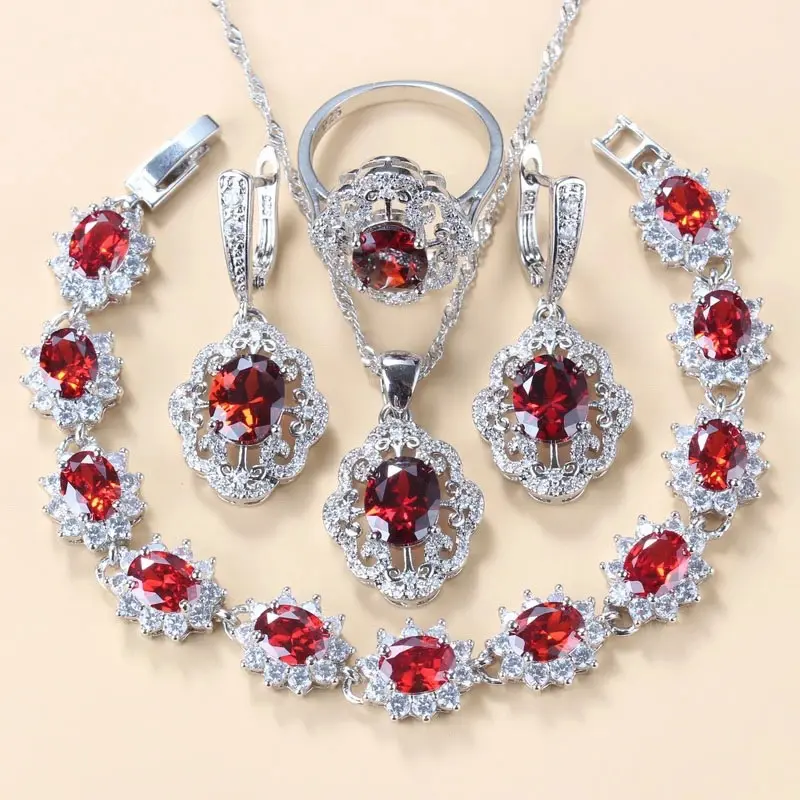 Garnet Cubic Zirconia Earrings Pendant Necklace Bracelet