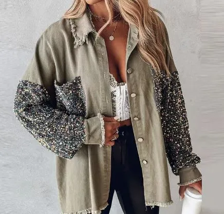 Loose Casual Sequin Denim Tassel Shirt Coat - Gray