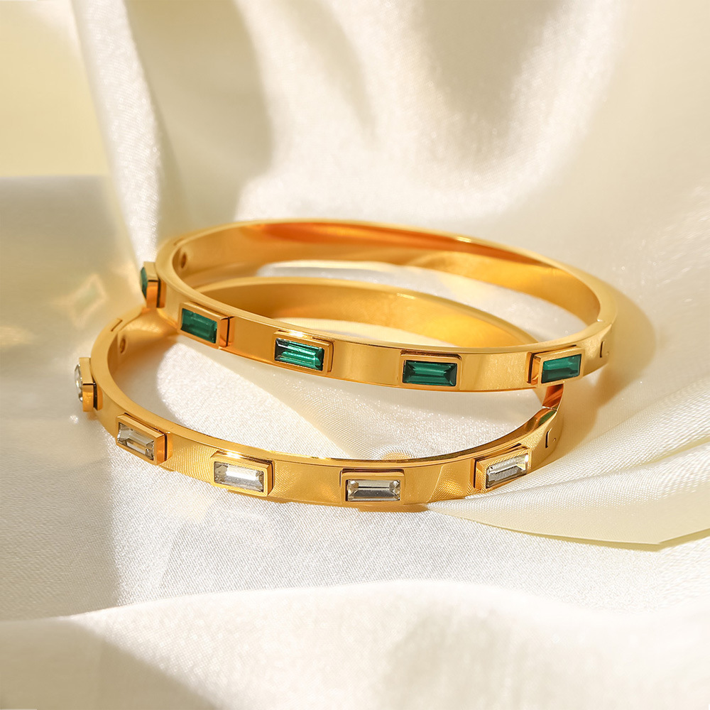 Titanium Steel Bracelet All-match Greenwhite Rectangular Zircon Inlaid