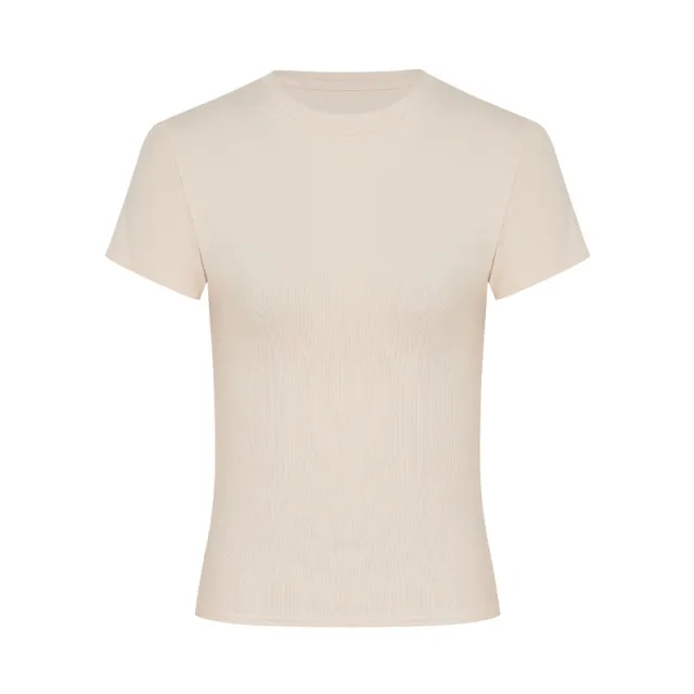 Korean Style Solid Color Shoulder Slim Temperament Casual Short sleeved Top Women Apricot - Shop at LoveMi