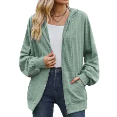 Women's Fashion Solid Color And V-neck Zipper Loose Sweater Coat - Dark Green - View 1