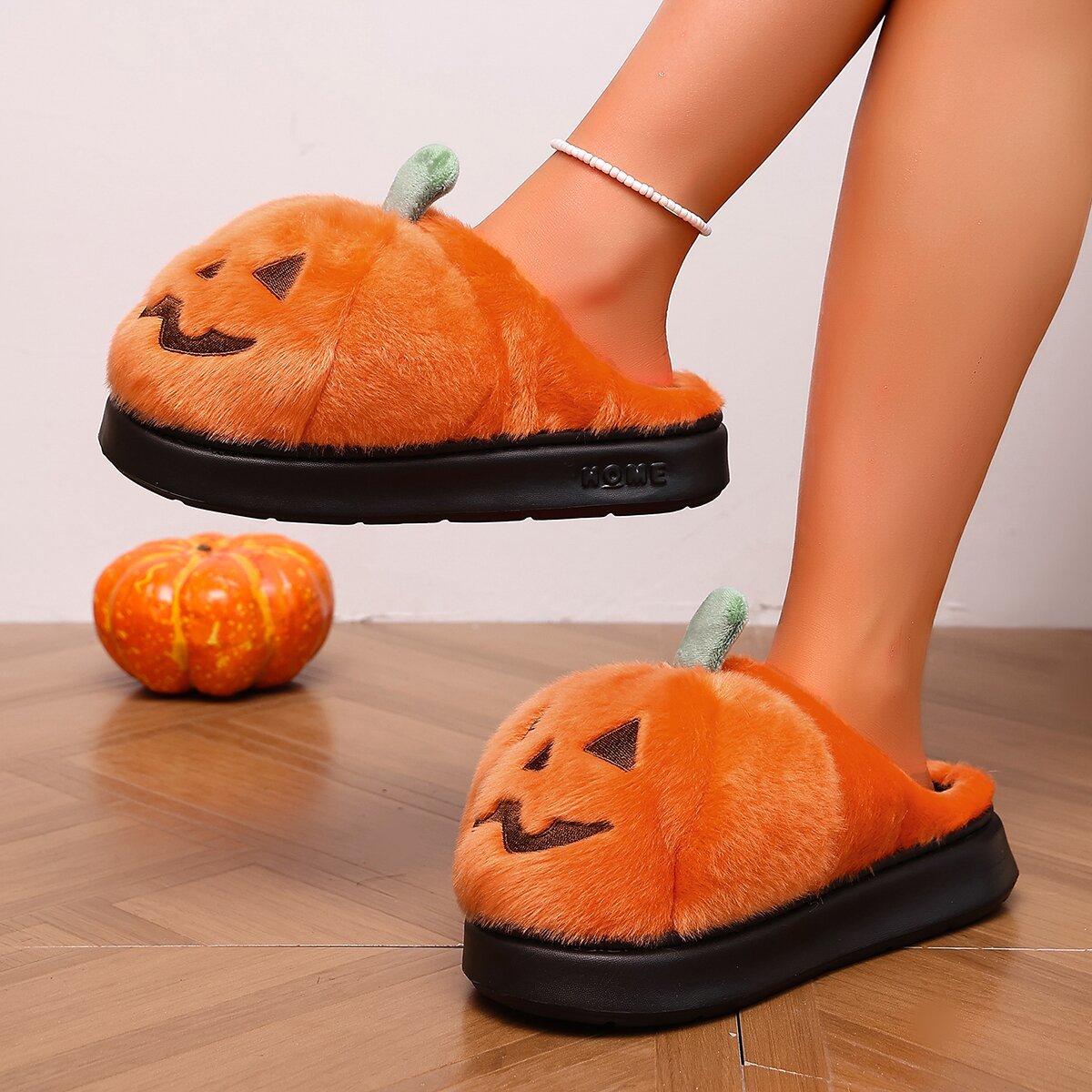 Orange Pumpkin Plush Cotton Slippers For Women Halloween Style