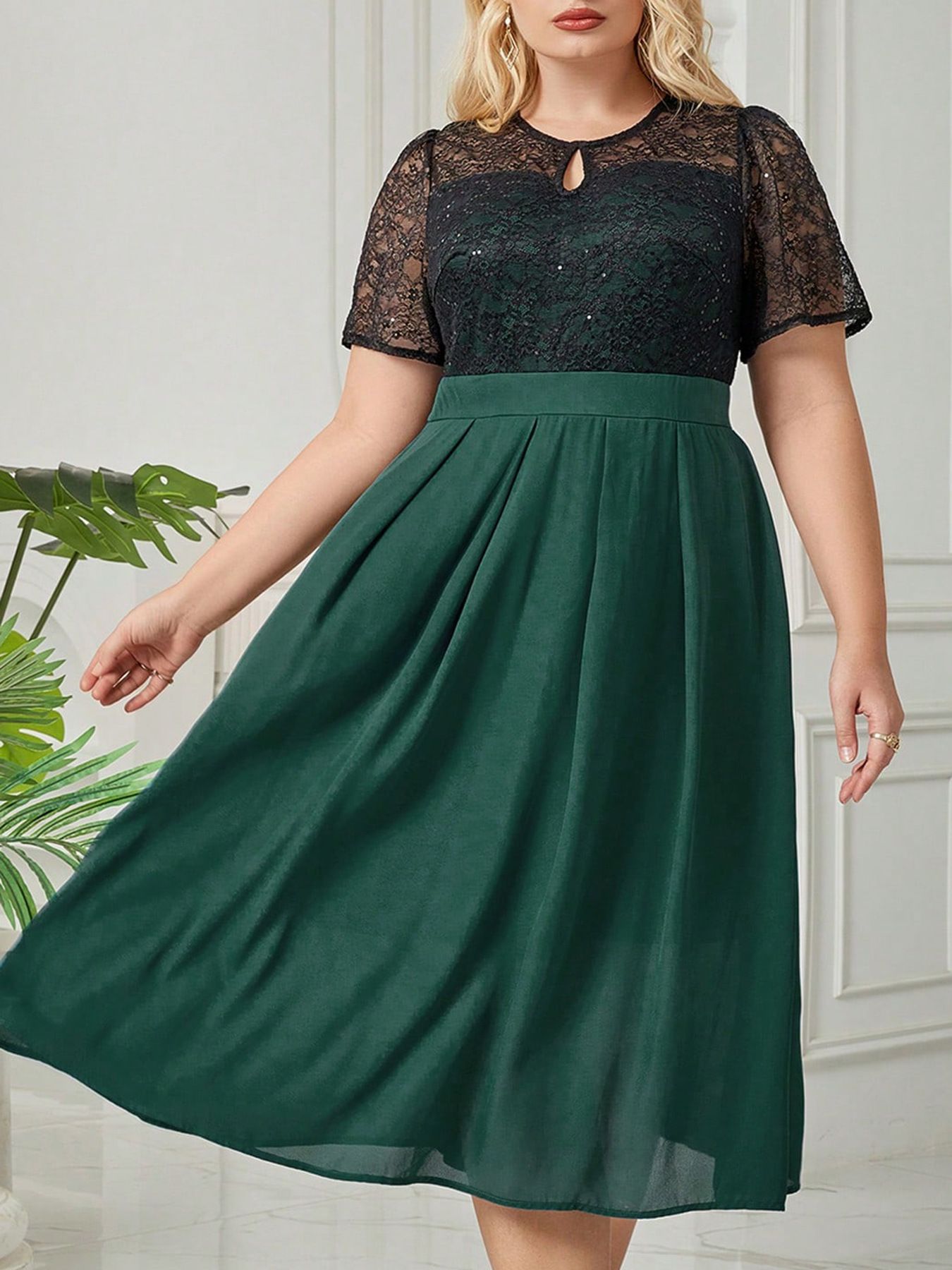 Short Sleeve Lace Stitching Elegant Plus Size Dress Green - Shop at LoveMi